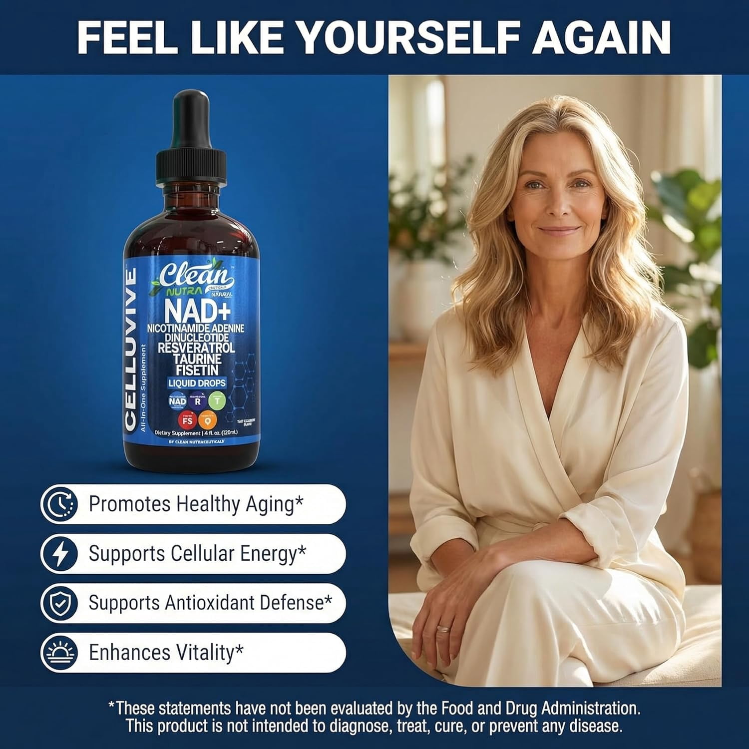 Clean Nutra NAD Liquid Supplement Drops Resveratrol Polyphenols Liposomal Taurine Fisetin Grape Seed Extract Japanese Knotweed Fo Ti Anti Aging NAD+ Nicotinamide Adenine Dinucleotide for Women & Men