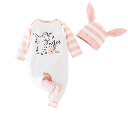 

Baby My First Easter Outfits Long Sleeve Letter Print Jumpsuit with Bunny Hat Set