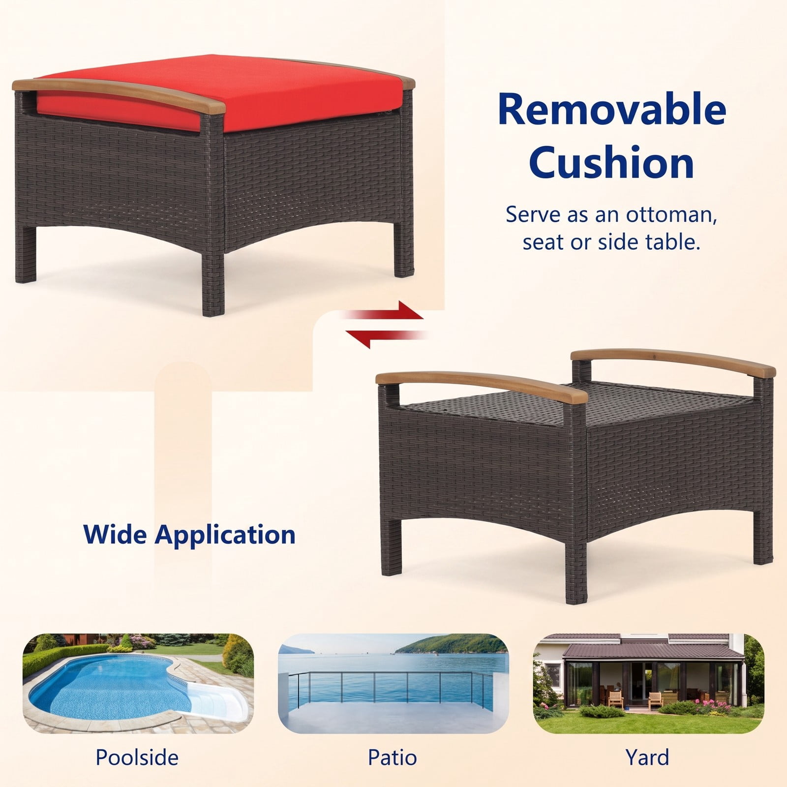 Furnibear Set of 2 Fade-Resistant PE Wicker Patio Ottomans with Cushions and Wood Handles for Outdoor Foot Rest and Extra Seating, Red