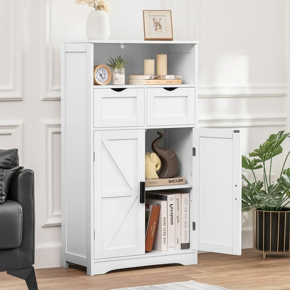 Bathroom Cabinet with Adjustable Shelf, Storage Cabinet with 2 Doors & 2 Drawers, Cupboard, for Living Room, Hallway, White