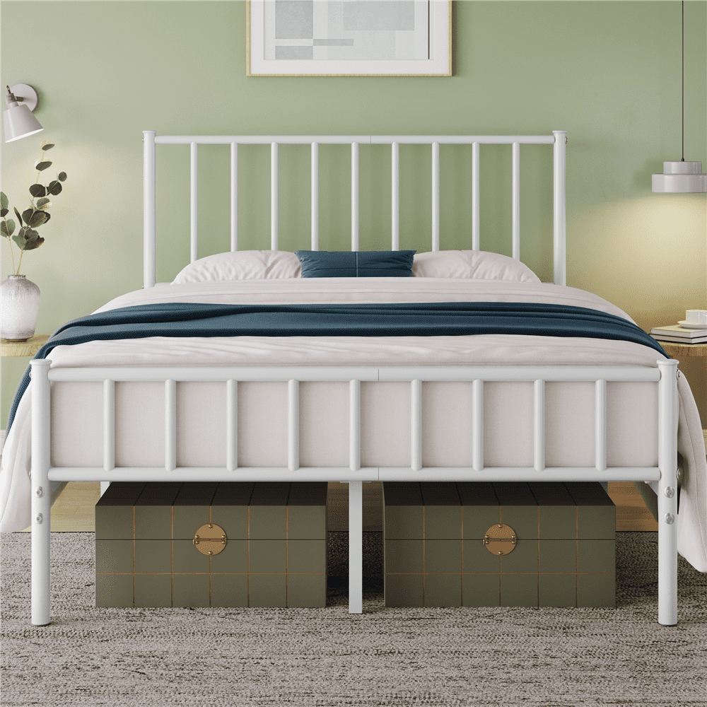Renwick Full Size Metal Platform Bed with Headboard, White