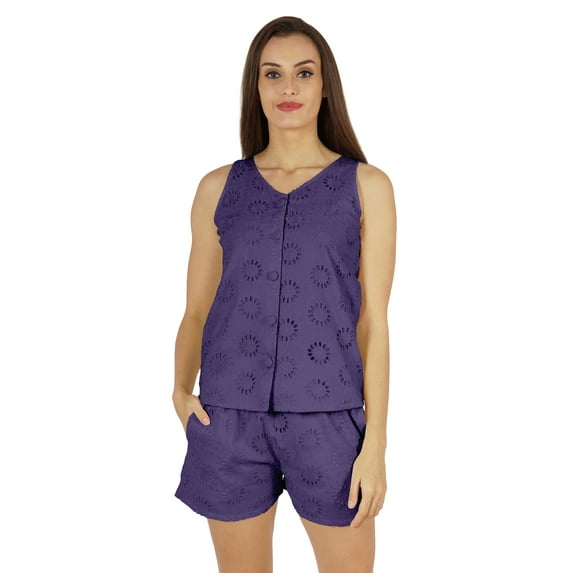 Bimba Solid Schiffli Top And Short Nightwear Set For Womens Casual 2pcs Sexy Lounge Sleepwear