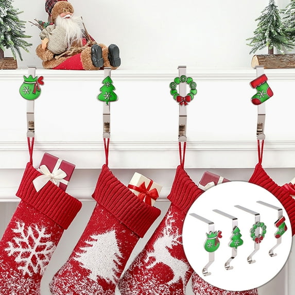 SAYFUT Christmas Metal Stocking Holders Hooks Hanger Christmas Stocking Clips Sock Holder Fireplace Hook Hanger for Party Decoration, 4 Pack