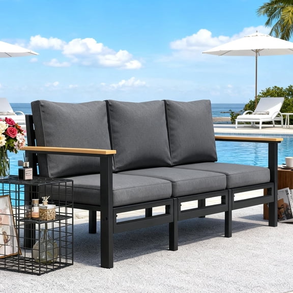 Sturdy Metal Frame 3-Seater Outdoor Sofa with Armrest & Thick Cushions, High Load-Bearing Patio Furniture,Outdoor Patio Furniture Set for Backyard, Garden, Poolside, Patio(Gray)