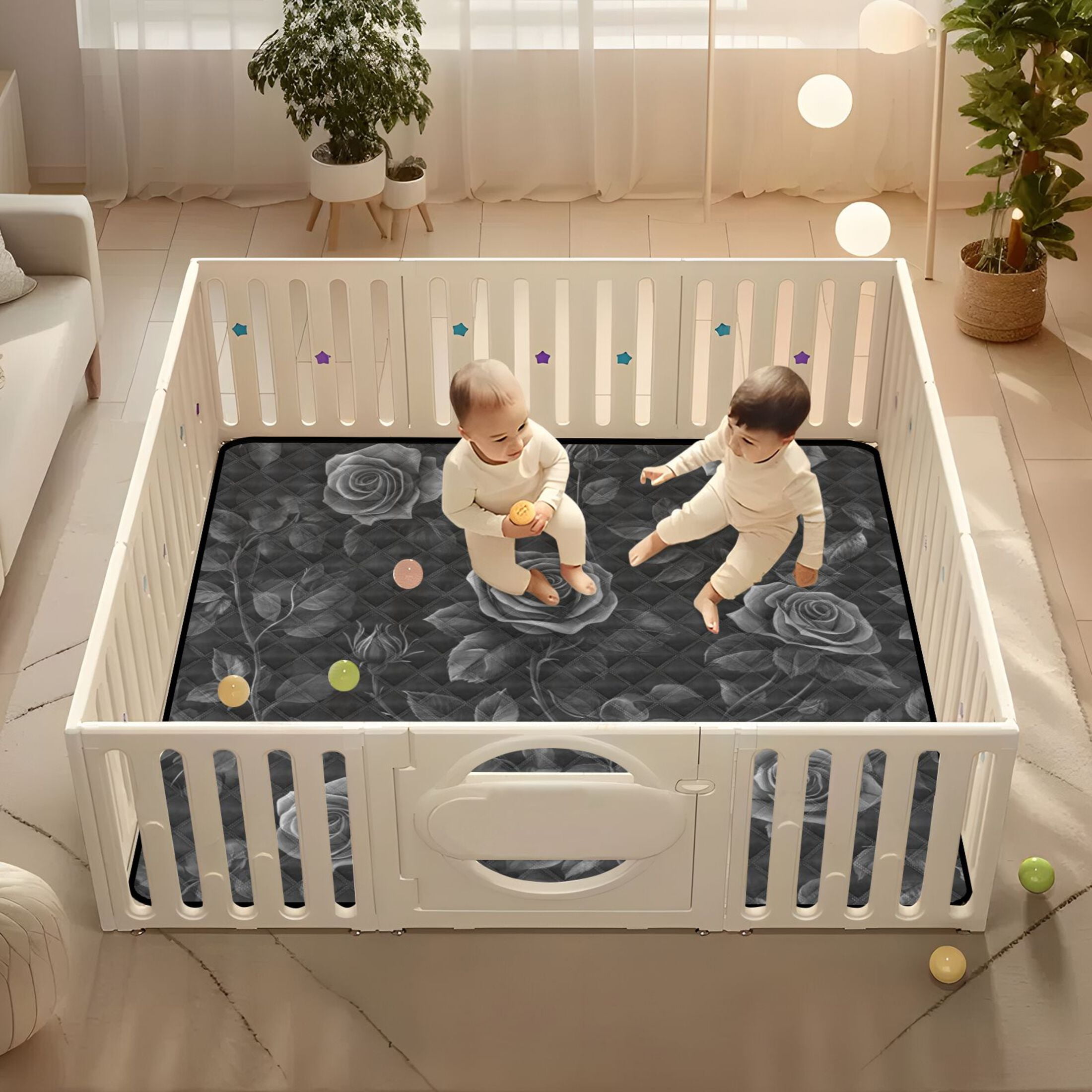 WOBOGO Black Rose Baby Playmats Extra Large Waterproof Rollable Activity Pads for Toddlers 50×50inch