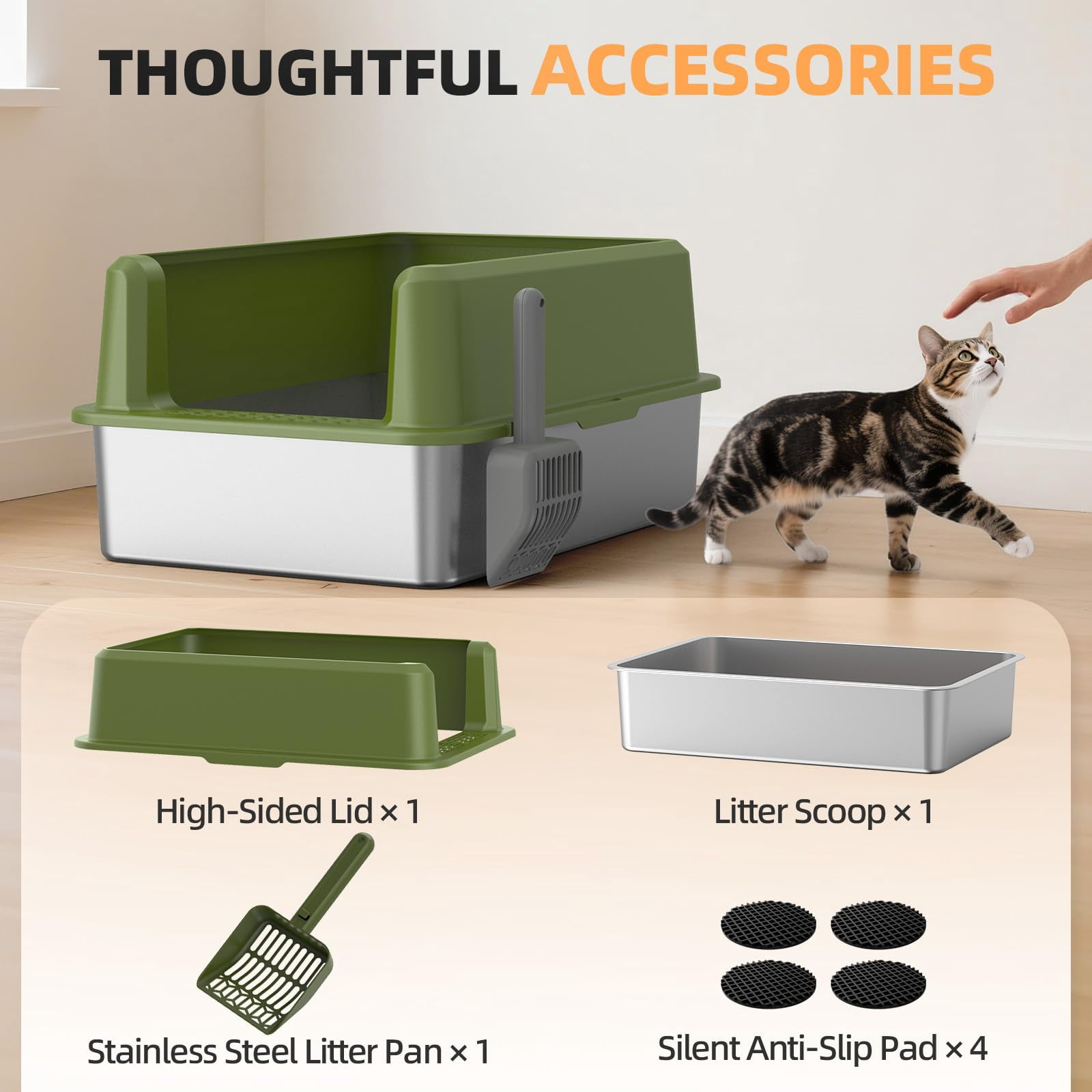 Enclosed Stainless Steel Cat Litter Box With Lid  Xl Extra Large For Big Cats Metal Pan High Sided Never Absorbs Odors Anti-urine Leakage Include Scoop (65-green)
