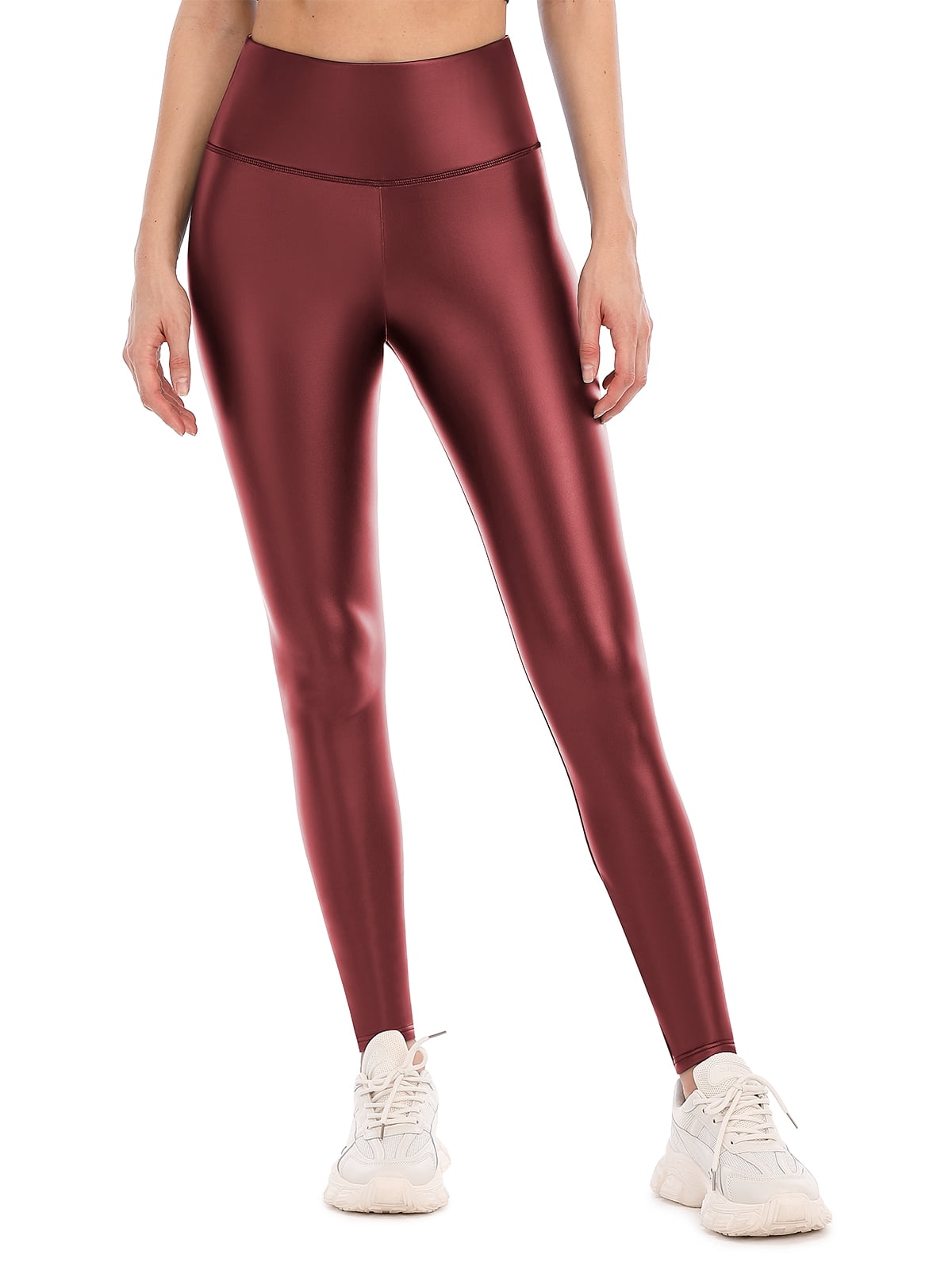 Women's Fleece Lined Leggings Faux Leather Thermal Warm Yoga Pants with Pockets
