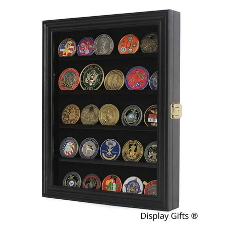 Military Coin Display - LOCKABLE Military Challenge Coin Display Case Cabinet Rack Shadow Box Wood, COIN30-BL, Great Craftsmanship. Made from solid beechwood, with built-in Lock to keep.., By DisplayGifts
