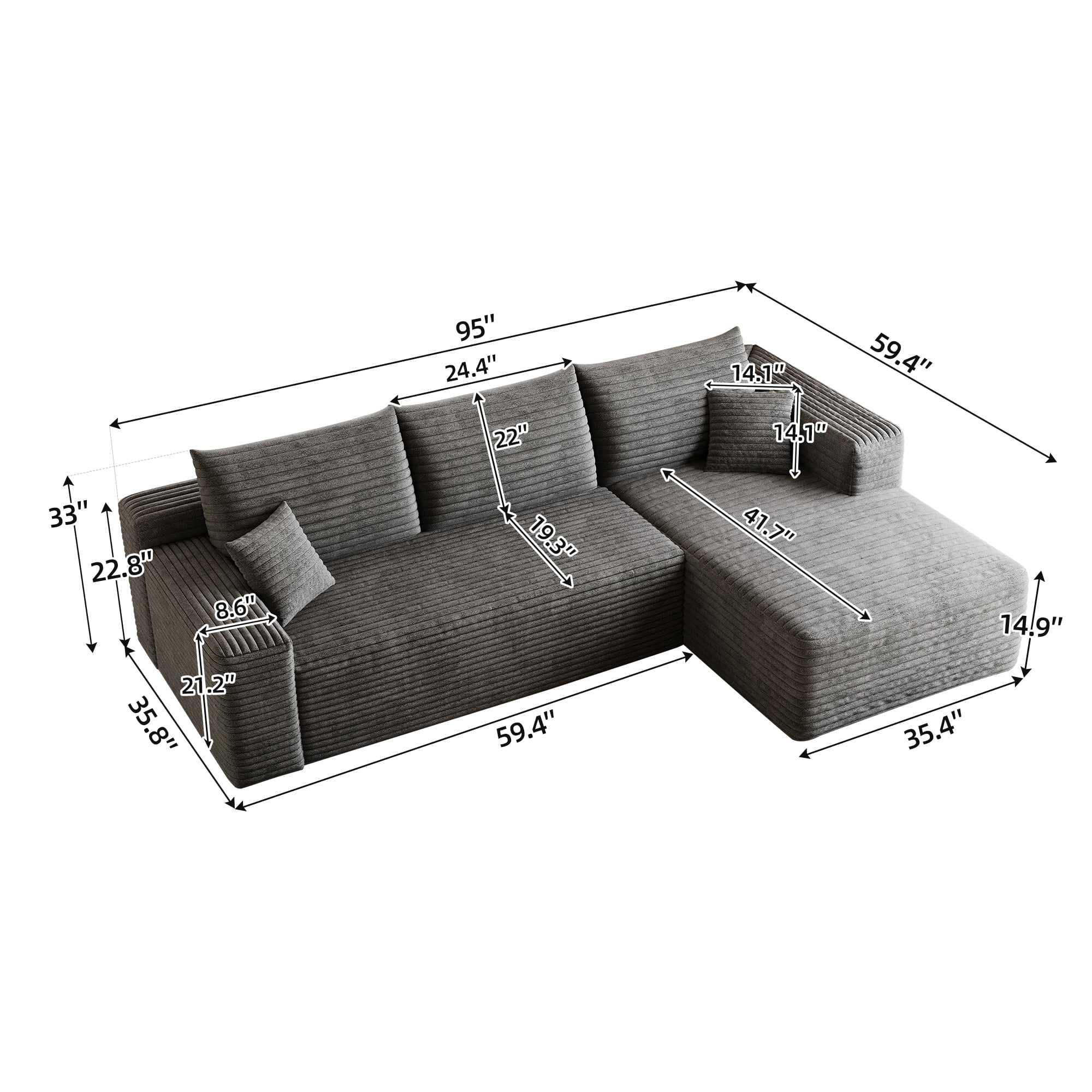 95-Inch Cloud Sectional Sofa with Plush Corduroy Fabric, U-Shaped Modular Couch and Corner Sofa for Living Room with Deep Seat, No Assembly Required, Dark Grey