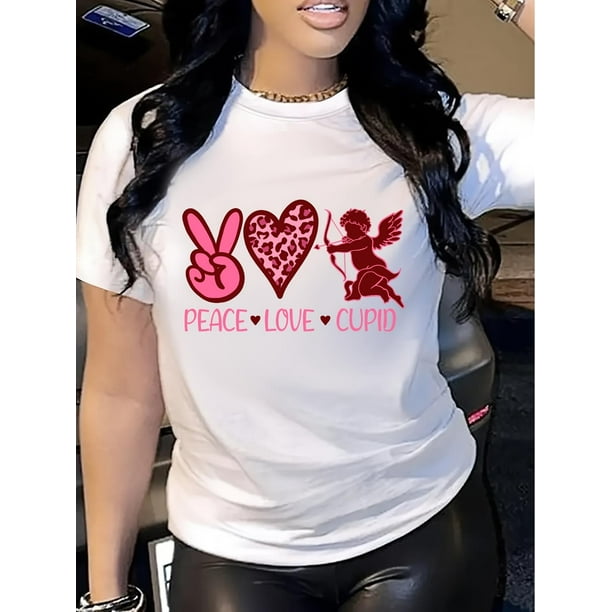 Valentine's Day Love Gesture & Heart Print T-Shirt - Casual Crew Neck, Short Sleeve Top for Women, Breathable Tee For Adult, Men, Women, Teen, Teenager, Adolescent, Youth