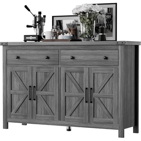 Winkalon 55'' Kitchen Sideboard Buffet Cabinet, 4-Doors 2-Drawers Farmhouse Storage Cabinet with Adjustable Shelves, Grey
