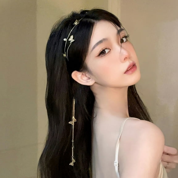 opolski Faux Pearls Hair Hoop Sparkling Rhinestones Exquisite Butterflies Tassel Girl Crown Headband Hair Accessories Silver