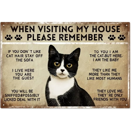 Funny Cat Rules Metal Sign When Visiting My House Please Remember Metal Tin Sign Cute Cat Rules Wall Art Decor Funny Black Cat Metal Retro Poster 7.87x11.81 Inch