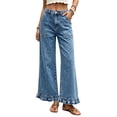 thumbnail image 3 of VBVC Women's Ruffled Hem Wide Leg Jeans , Casual High Waisted Denim Pants For Women, Ladies' Loose Fit Washed Trousers with Pockets, Light Blue , S-2XL, 3 of 10