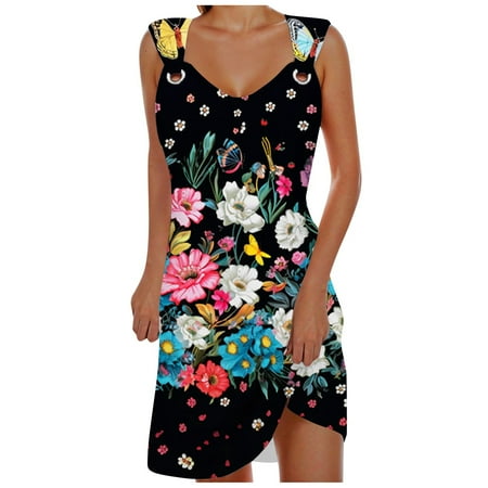 Blphud Fashionable Dresses for Women 2024 Loose Summer Dresses for Women Casual Ladies Elegant Suspender Midi Skirt Ladies Casual Printed Dress Beach Skirt Dress Women Hot Pink L