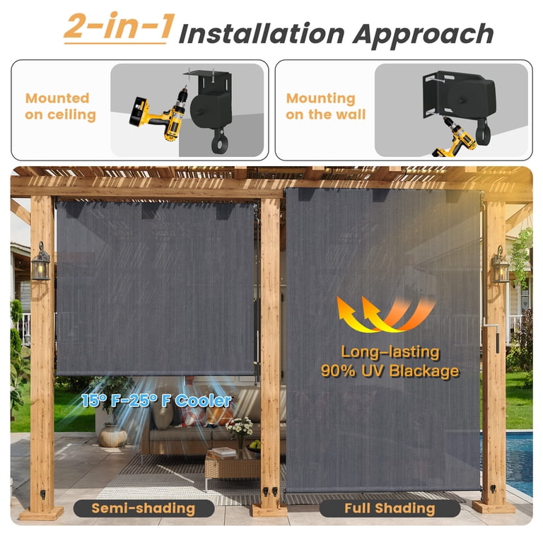 Vicllax Outdoor Roller Shades, 7'x8', Grey, UV Blocking, HDPE