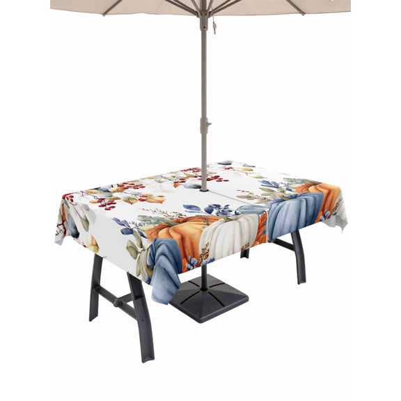 Outdoor Tablecloth with Umbrella Hole and Zipper, Fall Orange Blue Rectangle Table Cloth 60x102 Inch Waterproof Tablecloth, Thanksgiving Pumpkins Botanical Vintage Picnic Table Cover for Patio