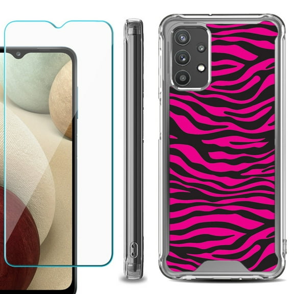 Shockproof Bumper Phone Case for Samsung Galaxy A32 5G, with Tempered Glass Screen Protector, by OneToughShield ® - Zebra Pink