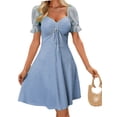 thumbnail image 2 of Womens Summer Sweetheart Neck Short Puff Sleeve Mini Drawstring Casual Slim Flowy Dress Sundress, 2 of 8