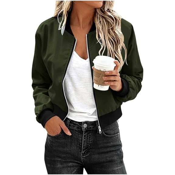 MaFYtyTPR Women's Thin Windbreaker Jacket Fall Winter Zip Up Cropped Bomber Jackets Long Sleeve Waterproof Outwear for Daily Wear A-Army Green L