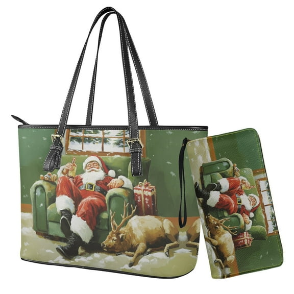 ZUXONGSY Santa Claus Elk Print Womens Wallet and Purse Set Tote Bag Hobo Shoulder Handbag with Matching Purse Pu Leather Top Handle Handbag