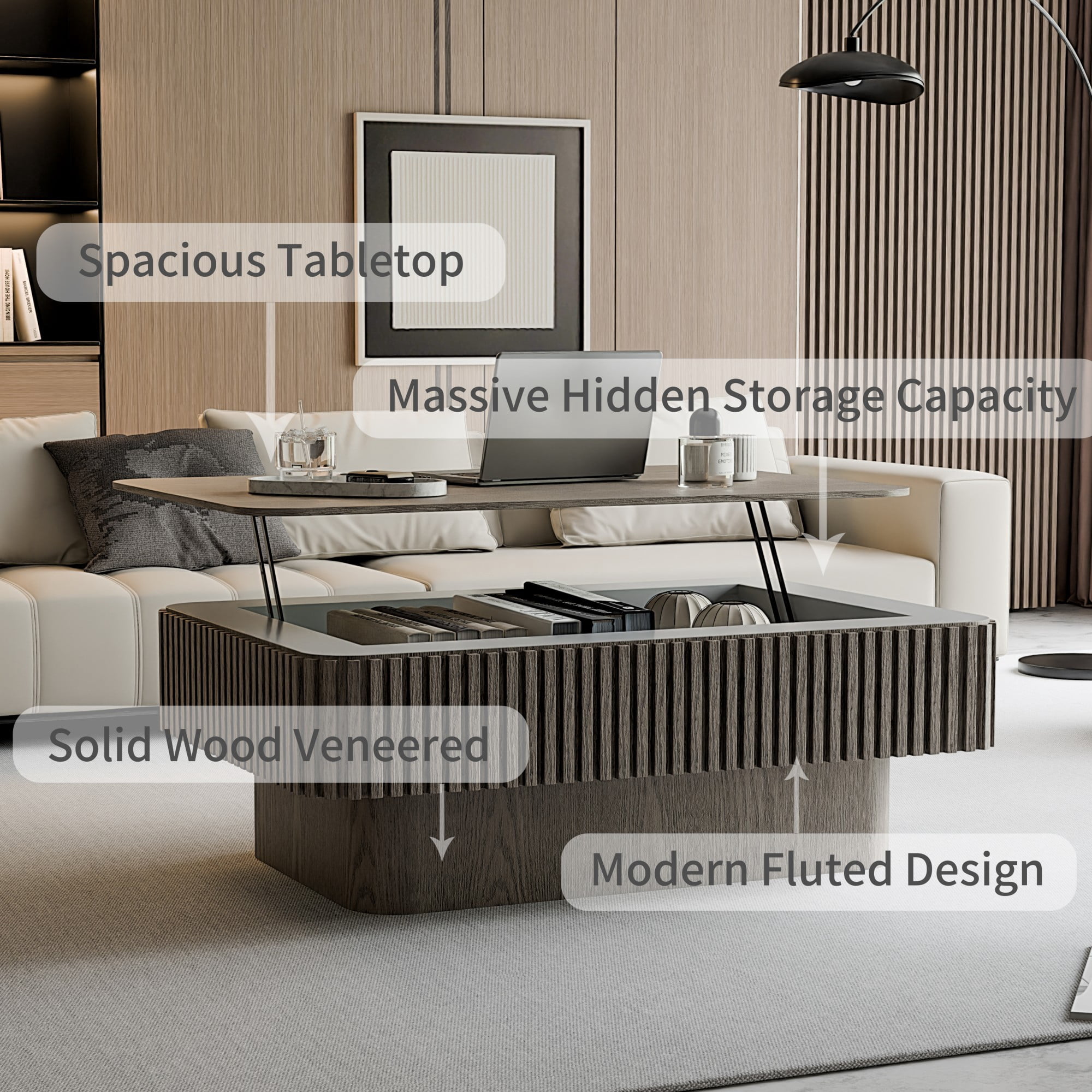 Lift Top Coffee Table with Storage, 38.6" Fluted Coffee Table with Adjustable Height, Modern Wood Veneer Center Table for Living Room, Grey