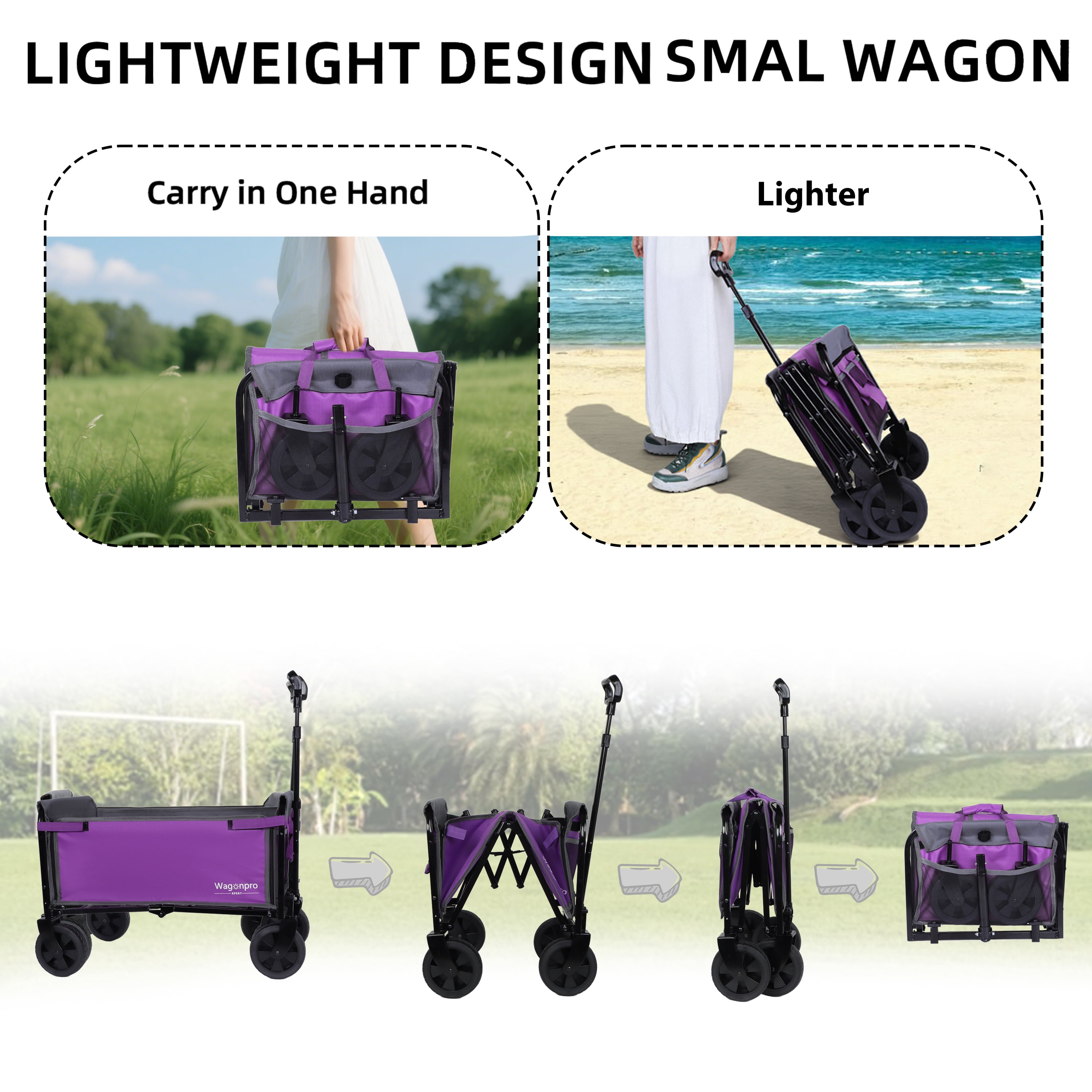 Folding 4-Wheel Trolley with Bench Seat and Dog Leash - Heavy Duty Foldable Utility Trolley for Camping, Beach, Shopping - Versatile Seating and Storage Space, Purple
