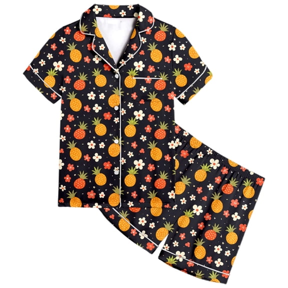 HNMKIU Girls Fruit Print Pajama Set Short Sleeve Loose Fit Homewear Nightwear For Toddler Kids Comfortable Machine Washable Casual Outfits Black,10-11 Years