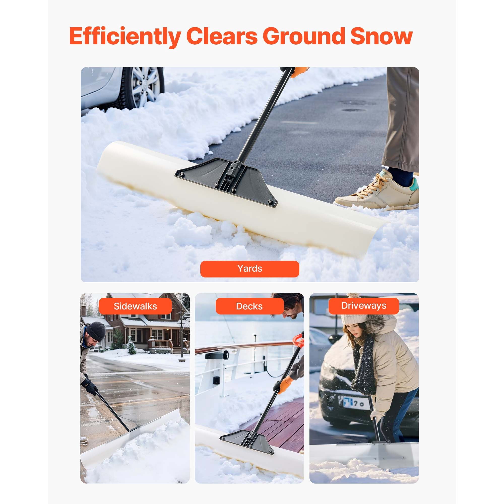 48" Snow Pusher Shovel with Metal Edge, HDPE Blade, Anti-Slip Grip, Segmented Handle, for Driveway Deck Stairs Winter Snow Removal
