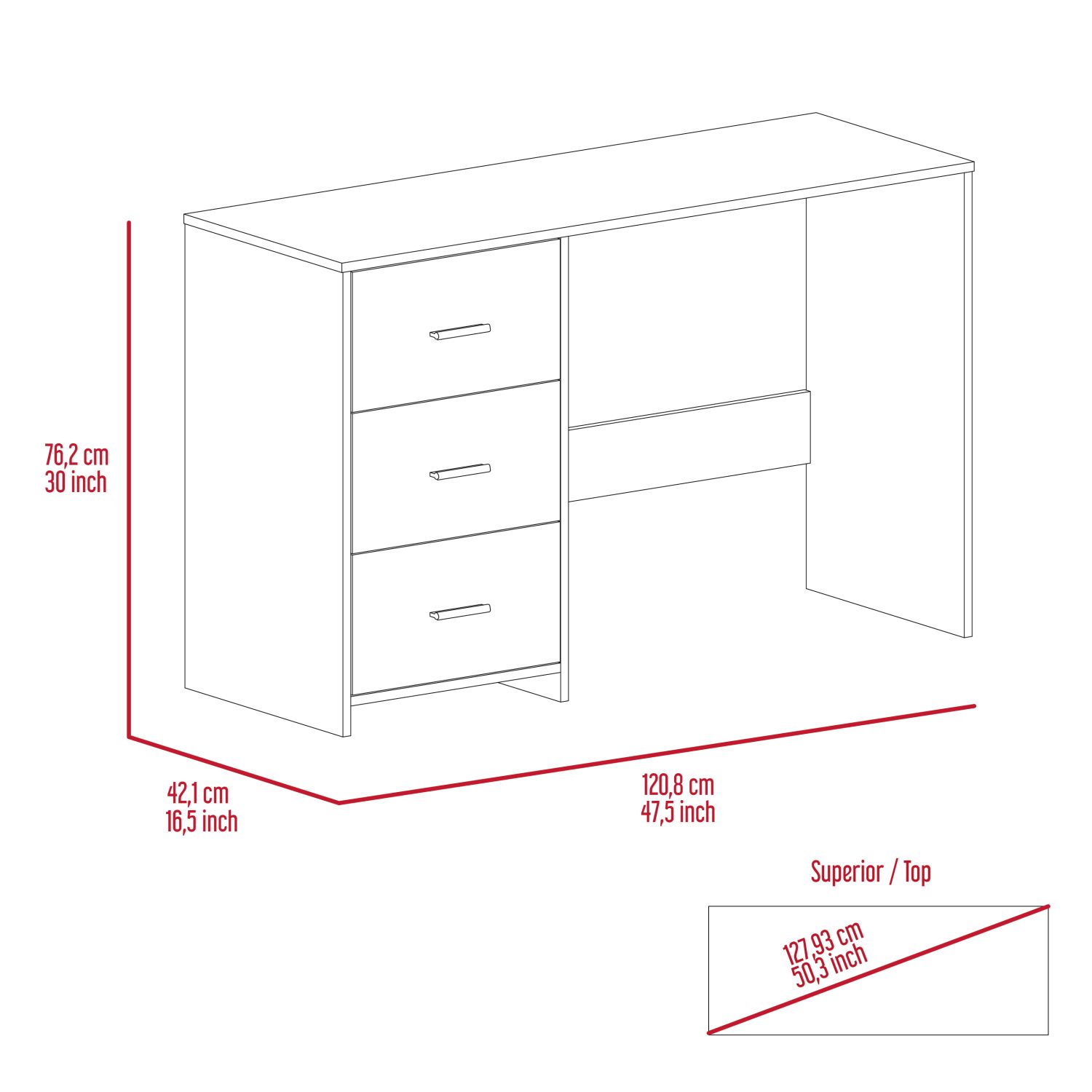 Writing Desk with 3 Drawers and 1 Shelf, 47.5 in Wide Home Office and Remote Learning Desk, Manufactured Wood, 30 in High