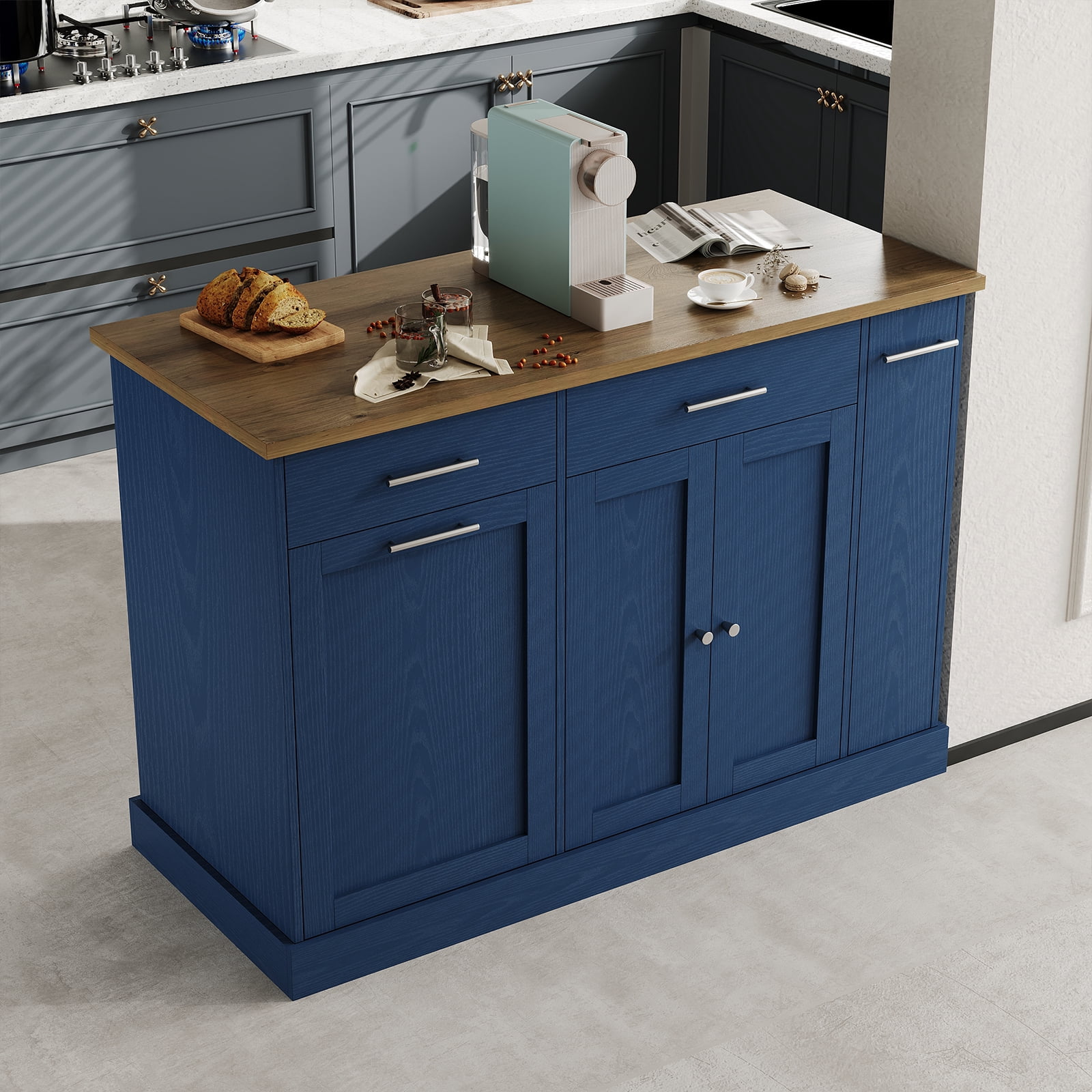 4 EVER WINNER 53" Rolling Kitchen Island on Wheels, Mobile Kitchen Cart with Trash Can Storage, 3-Tier Spice Rack & Adjustable Shelves, Kitchen Island Table for Storage & Organization, Blue