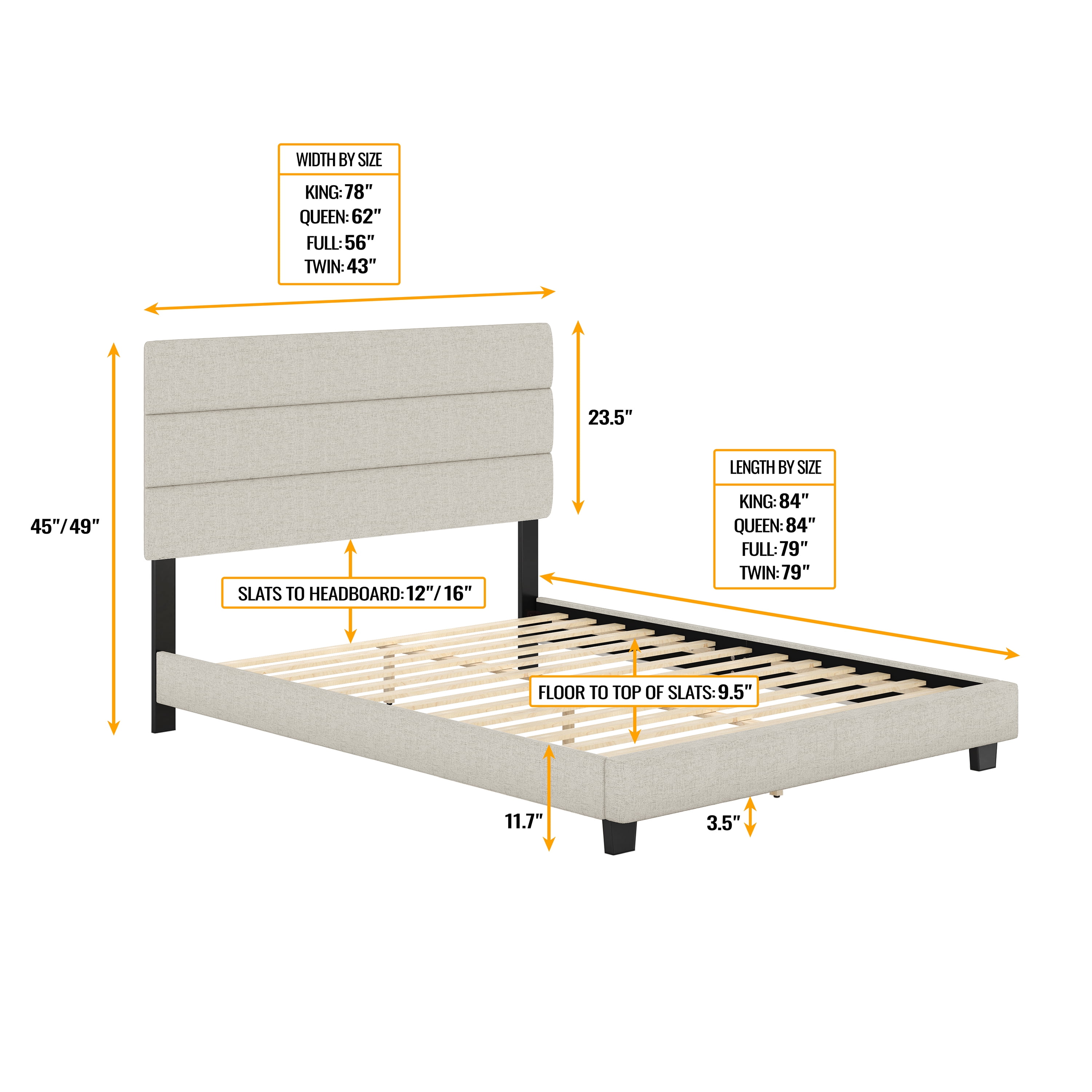 Boyd Sleep Sicily Upholstered Linen Tri Panel Platform Bed Frame with Headboard, Queen, White