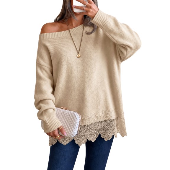 Women's Sweaters Off Shoulder Long Sleeve Loose Fit Work Sweater Knit Lace Hem Cozy Oversized Casual Fashion Pullover Tops Khaki XL