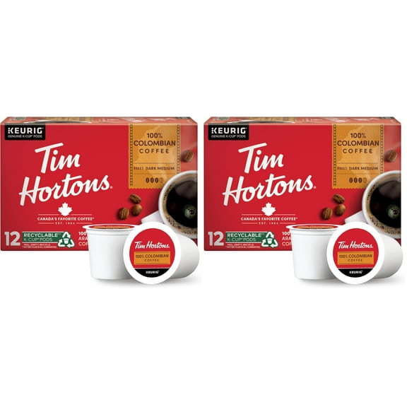 2 x - Tim Hortons 100% Colombian, Medium Dark Roast Coffee, Single-Serve K-Cup Pods Compatible with Keurig Brewers, 12ct K-Cups, Red (Pack of 2)