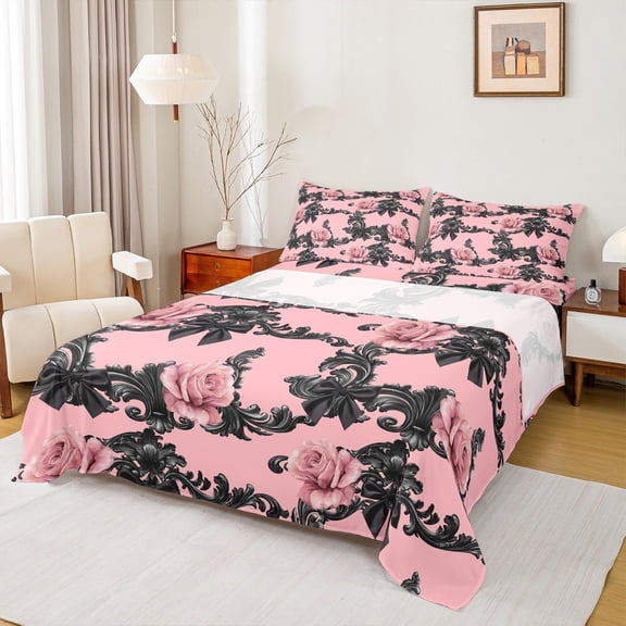 Castle Fairy Pink Floral Rose Twin Sheet Sets 3pcs for Children Teens Adults,Kawaii Black Ribbon Bow Twin Fitted Sheet Microfiber,Bohemian Damask Breathable Flat Sheet,Microfiber Bedroom Decor