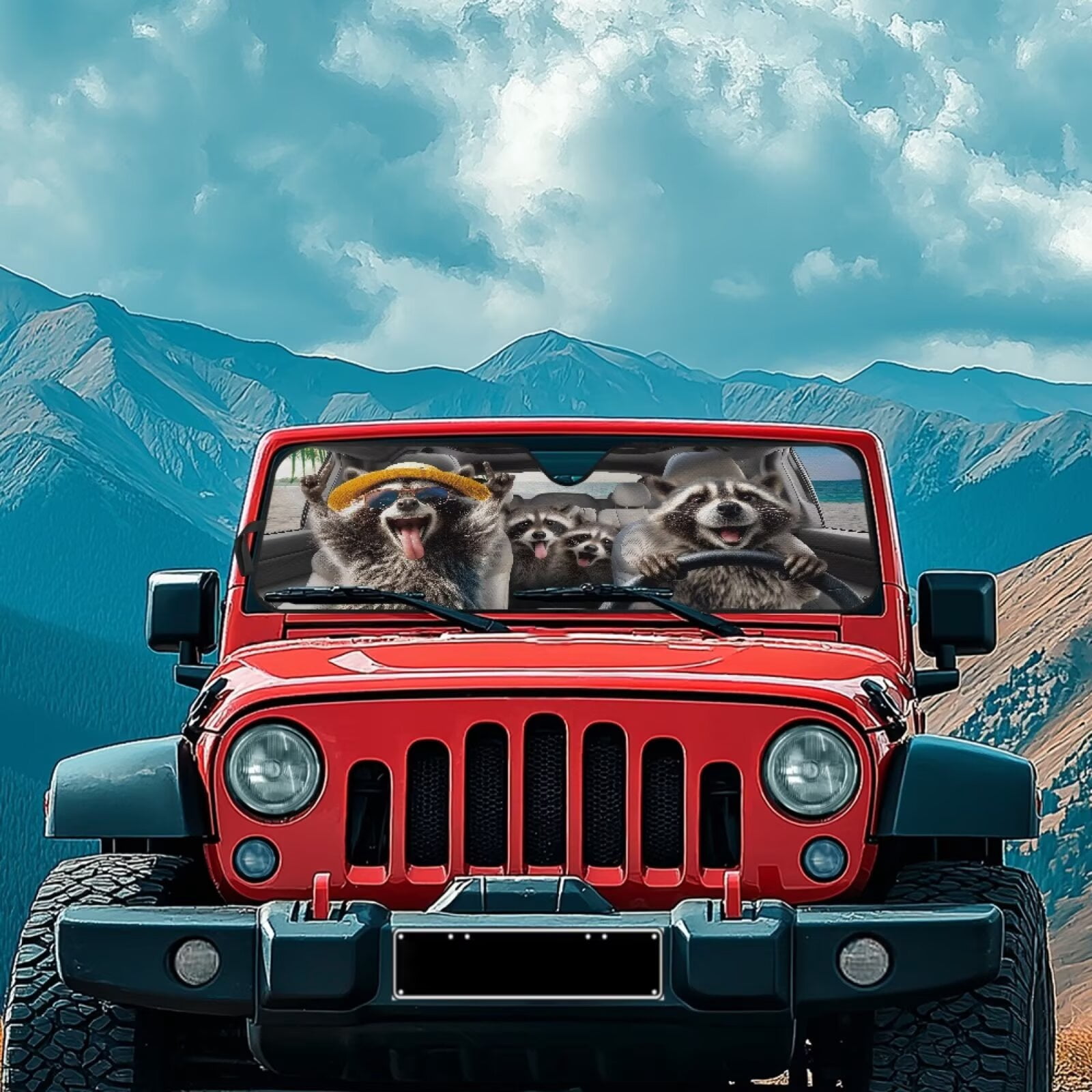Uorisanigo Car Sun Shade UV Rays & Heat Protection Accessories for Jeep Wrangler, Foldable Raccoon Animal Driving Windshield Shade for 1997-2017 Jeep Wrangler Rubicon Sahara TJ JK JKU 2/4 Doors