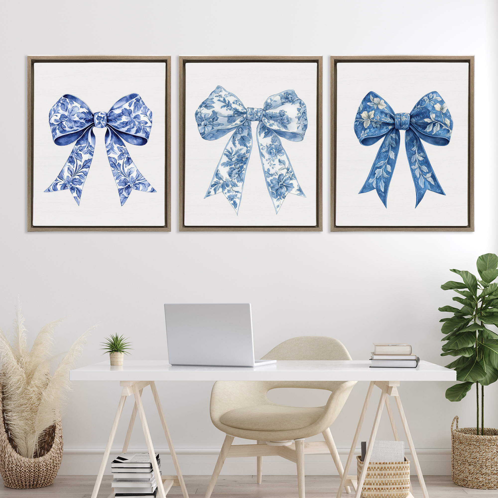 Vintage Toile Pattern Bows 3 Piece Brown Framed Floater Canvas Set, design by Lettered and Lined