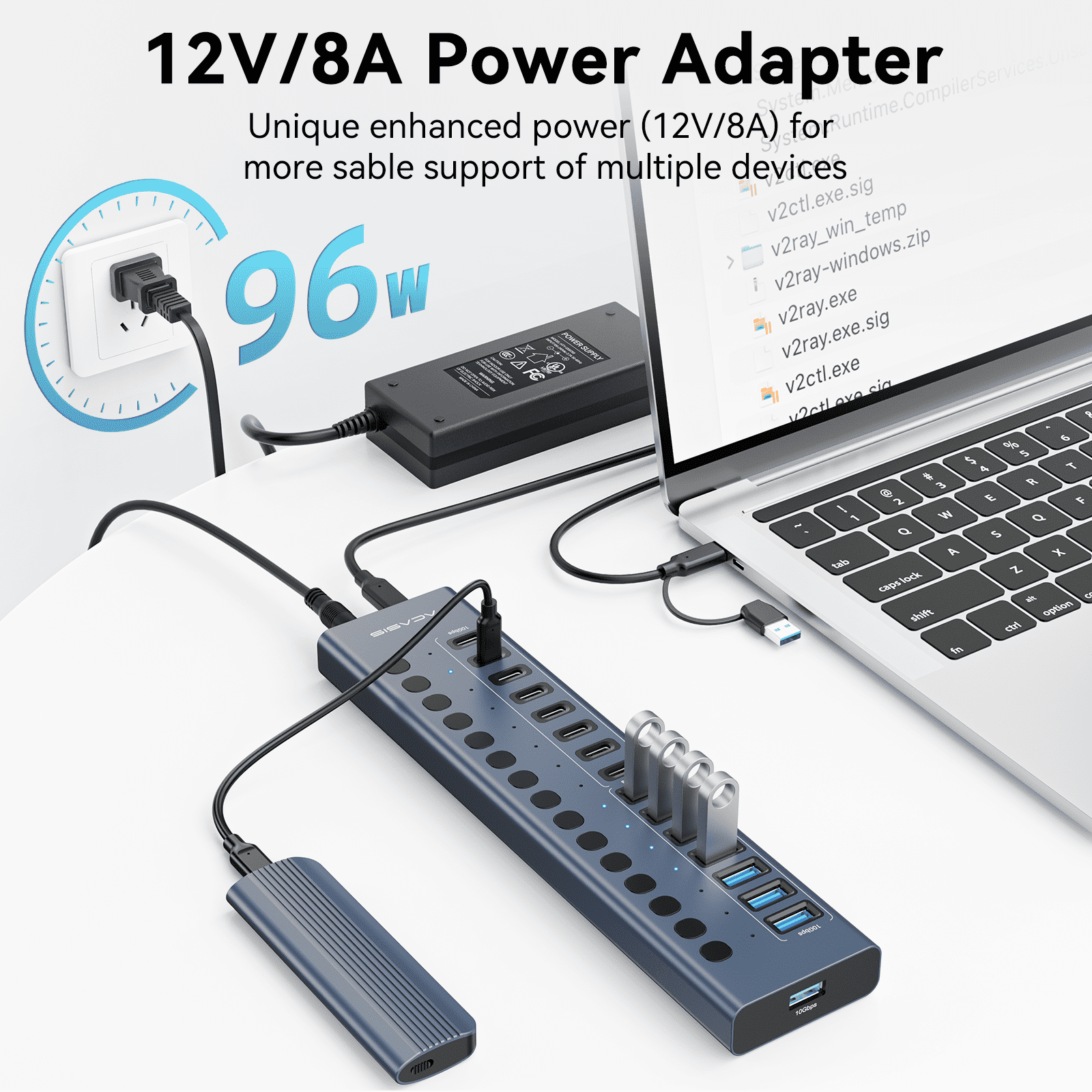ACASIS 16 Port USB 3.2 Gen 2 Hub Powered, 10Gbps USB Hub with 8 USB-A and 8 USB-C Ports, 96W Adapter for Laptop, PC, Mac, SSD, Phone – Hot Swap, Plug & Play