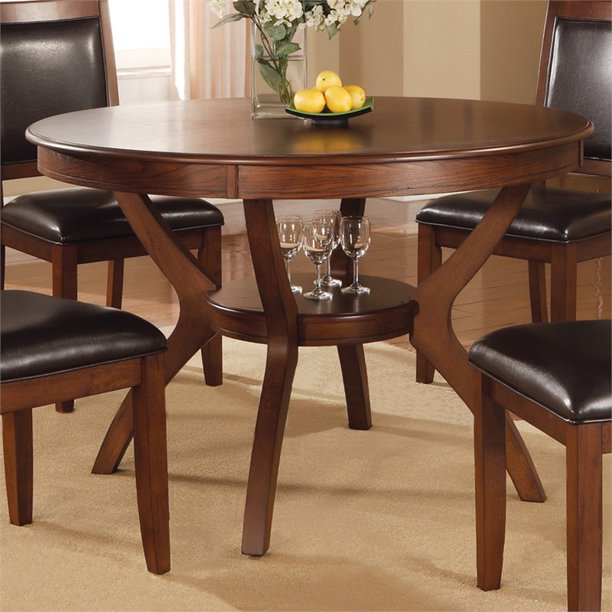 Bowery Hill Round Dining Table with Shelf in Brown