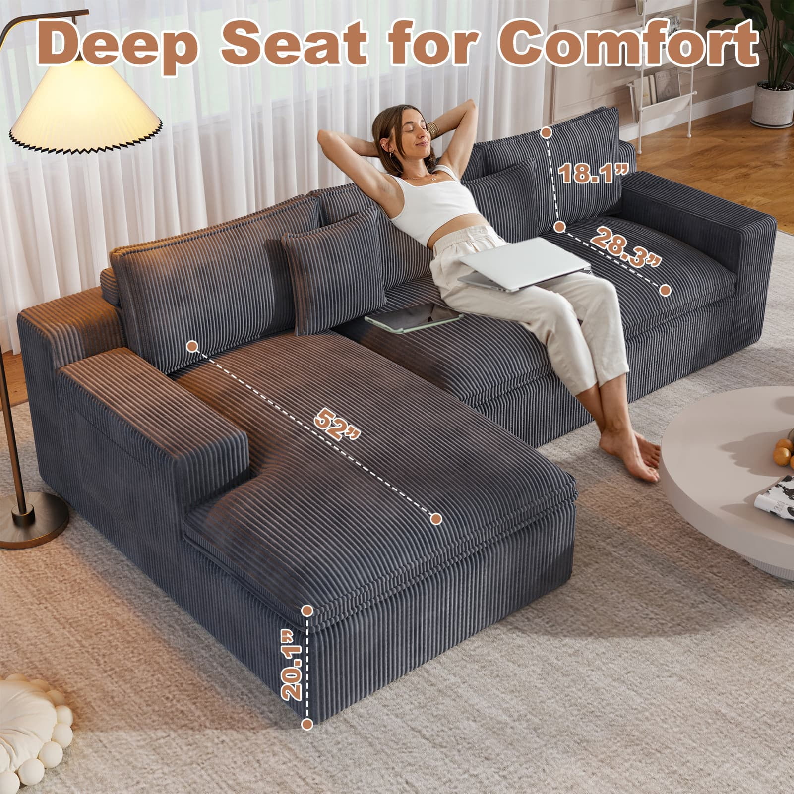 108” Modular Sectional Sofa, Cloud Sectional Couch with Deep Seat, Modern Modular L-Shape Sofa Couch with Chaise,Upholstered Couches for Living Room Bedroom