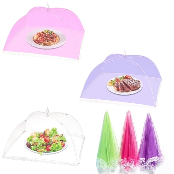 Bexikou 3 Pack 17 Inch Collapsible Mesh Food Cover Tent, Reusable Fly Mosquito Proof Outdoor Food Net for Picnic Party BBQ Fruit Protection, Random Color
