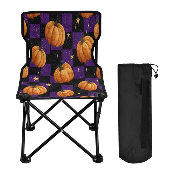 600D Oxford Camping Chair Portable Foldable Chair Supports 220 lbs for Picnic, Fishing, Backpacking Purple Plaid and Pumpkins