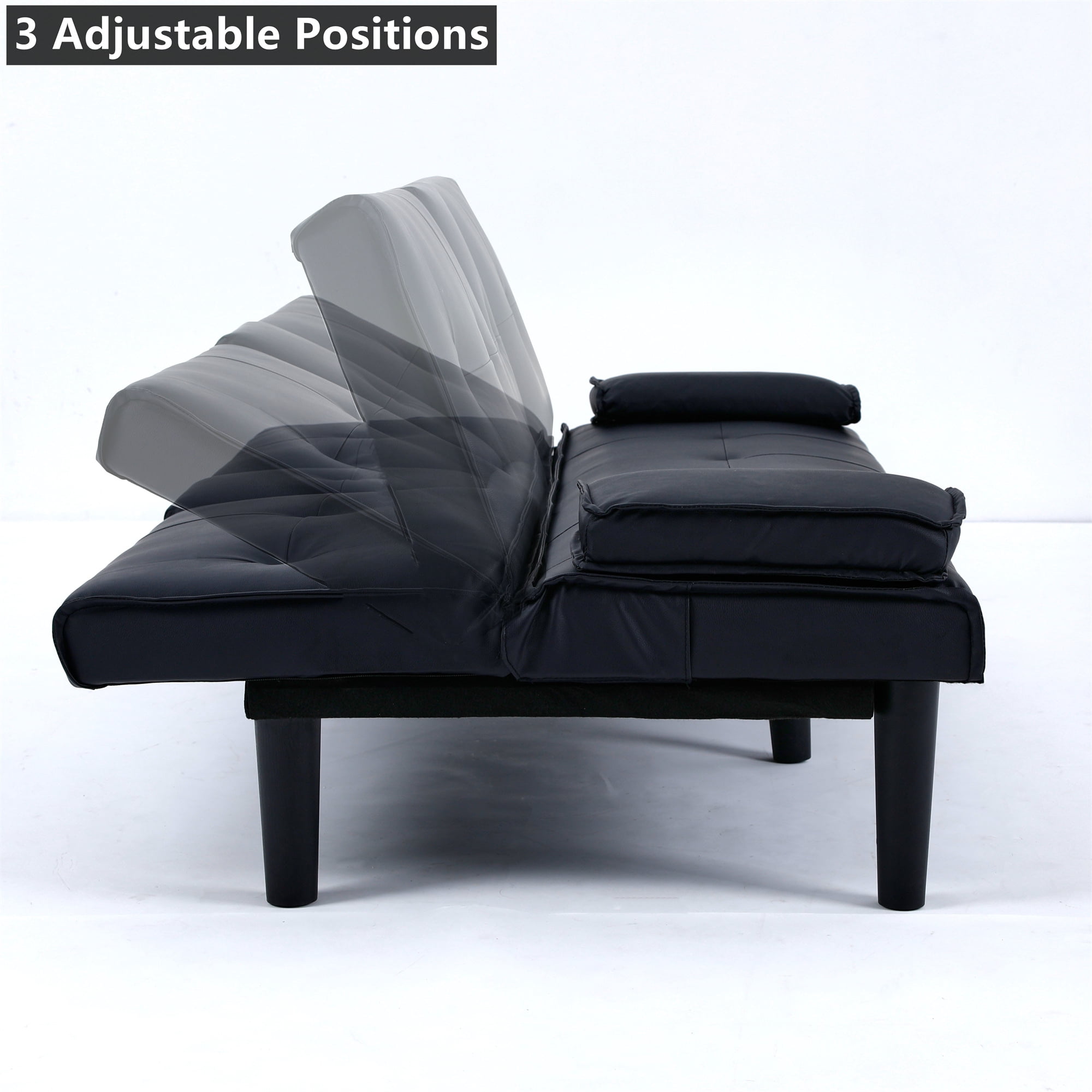 Aukfa Leather Futon Convertible Sofa Bed for Home Office, 2 Cup Holders&Pillows, Black