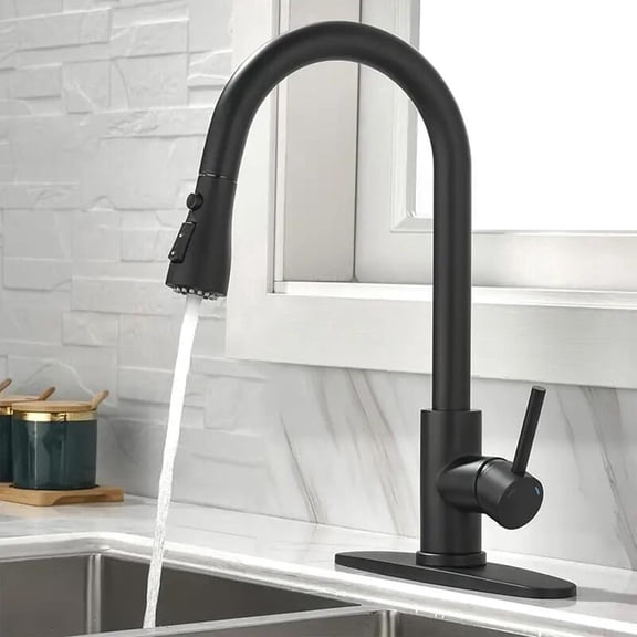Black Kitchen Faucet with Pull-Down Spray Single Handle High Arc Commercial Stainless Steel Brushed Nickel Kitchen Sink Faucet with Deck Plate