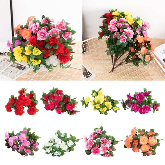 BESEW7 13in Artificial Azalea Flowers Branch for Outdoor Planters Fake Silk Rhododendron Bush for Home Garden Cemetery Decoration Hot Pink