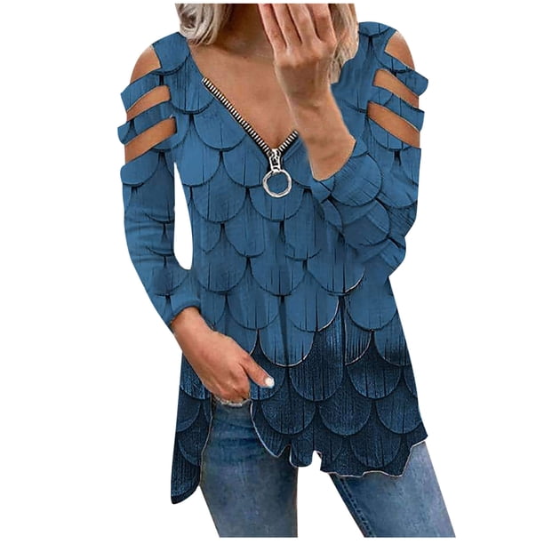 Blusa de manga larga de verano para mujer con cuello y cremallera de leopardo ahuecado Fridja hj509