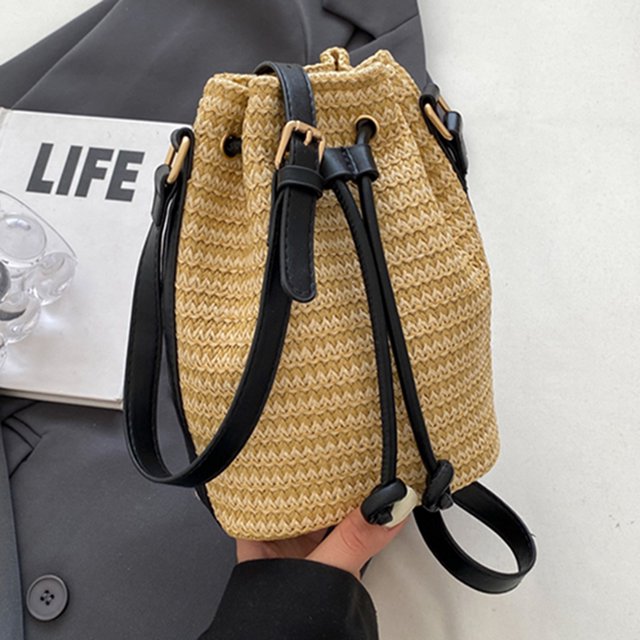 Bolso de cubo para mujer, bolso de paja informal, bolso de playa (negro)