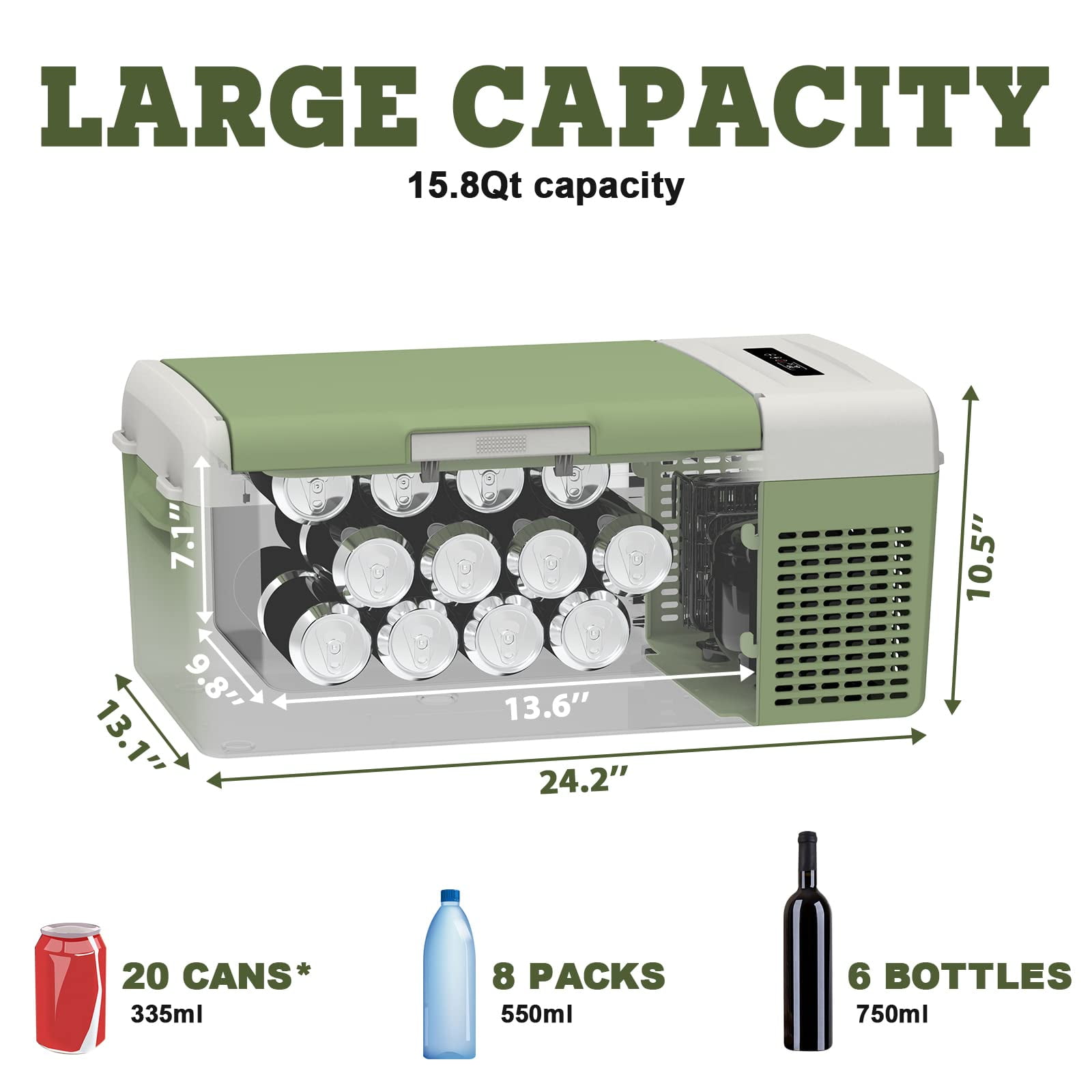Setpower FC15 12V Portable Refrigerator with AC Adapter, 15.8 Quart Car Freezer Fridge for Camping, Fast Cooling, -4℉-68℉, 3-Year Warranty, Car, RV, Truck, Home and Outdoor Use, DC & AC, Green