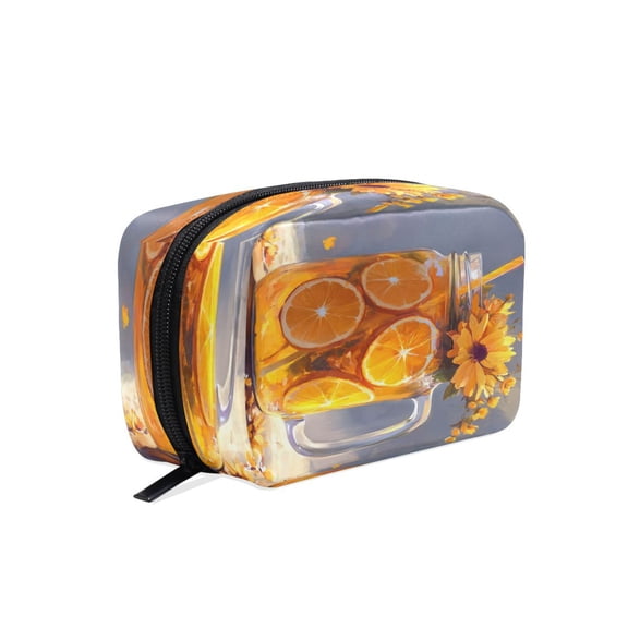 BZSMCE Makeup and Cosmetic Bag Women Simple Orange Tea with Flowers Pattern Square Cosmetic Bag