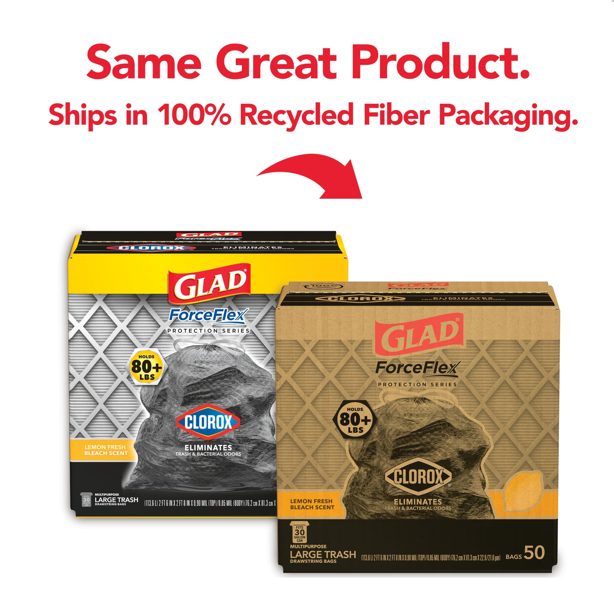 Glad Large 30 Gallon OKA4&nbsp;Trash Bags, Lemon Fresh Bleach Heavy Duty Garbage Bags, Forceflex with Drawstring, 50 Count (Packaging May Vary)